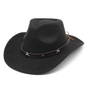 Black Western Cowboy Cowgirl Hat‎ Felt Wide Brim Star Band Unisex Rodeo